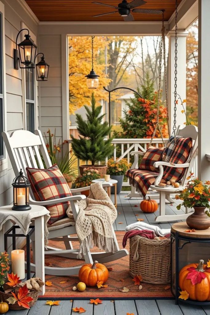 Cabin-inspired porch with plaid blankets.