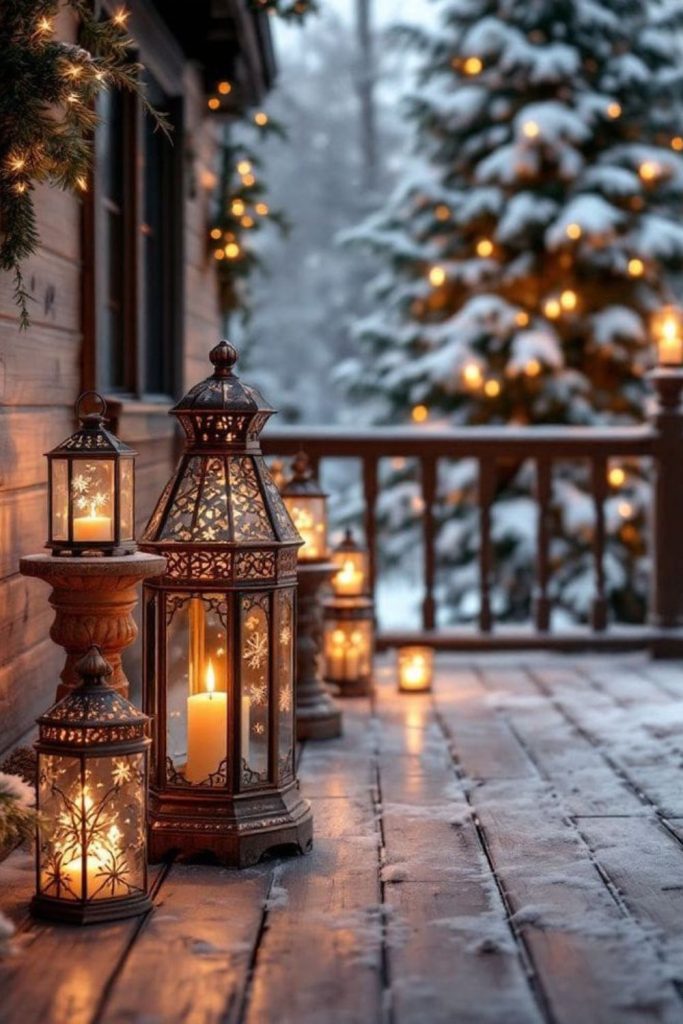 Hot cocoa porch with winter coziness.