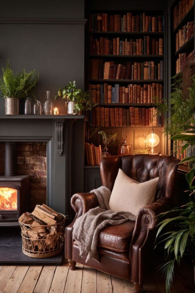 Cozy nook with warm fireplace desk