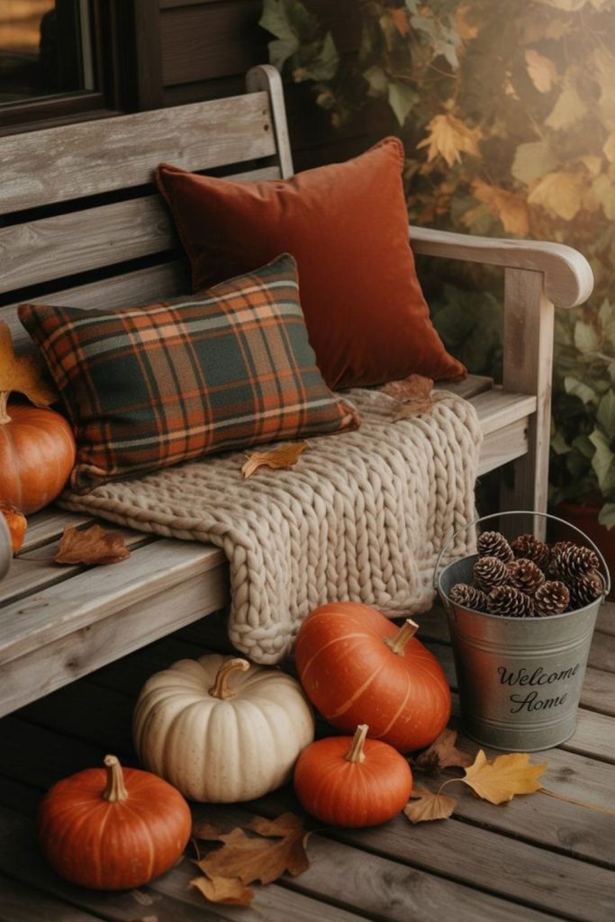 Cozy flannel porch with plaid pillows.
