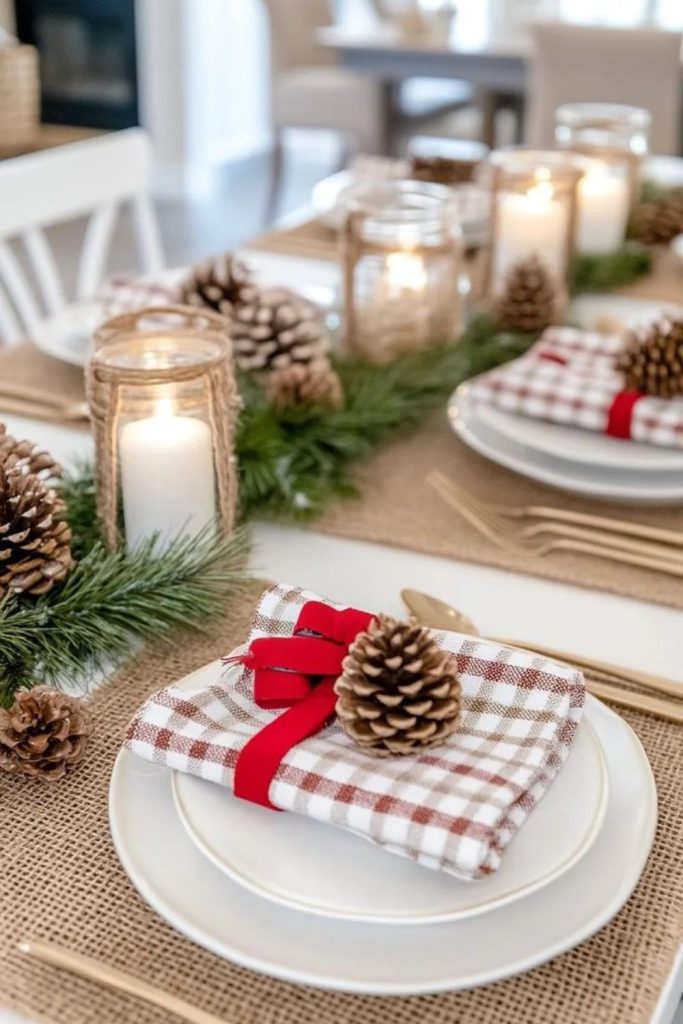 Warm knitted rustic winter dining decor.