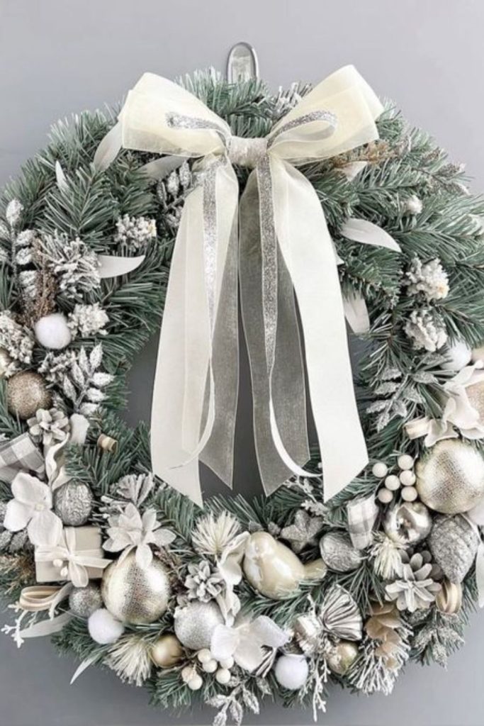 Fluffy yarn snowball door wreath.