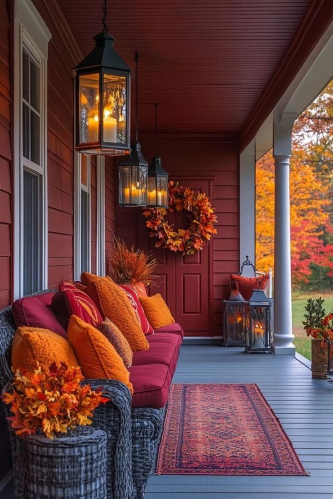 Cranberry porch with red accents.
