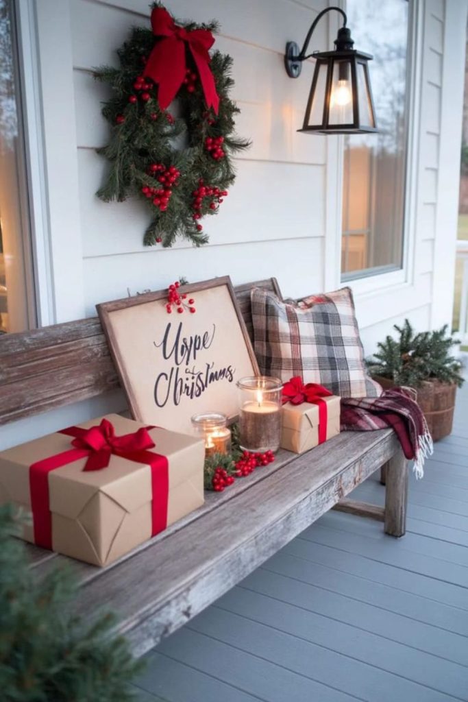 Cozy red berry winter porch decor.