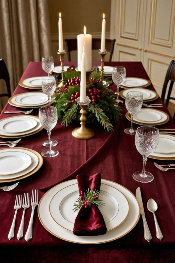 Luxurious red velvet winter dining table.