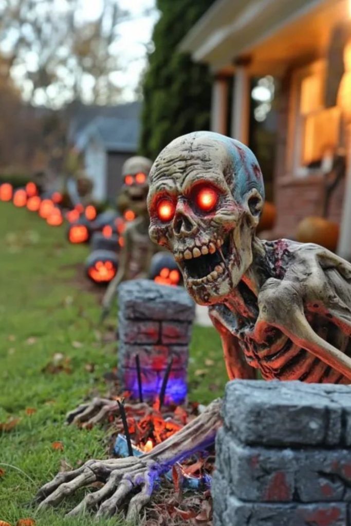 Skeleton bones crawling from dark soil