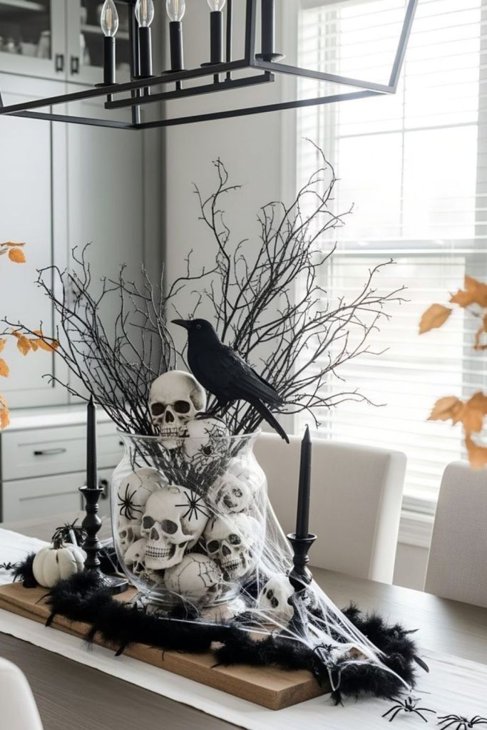 Eerie skull terrarium with spiders