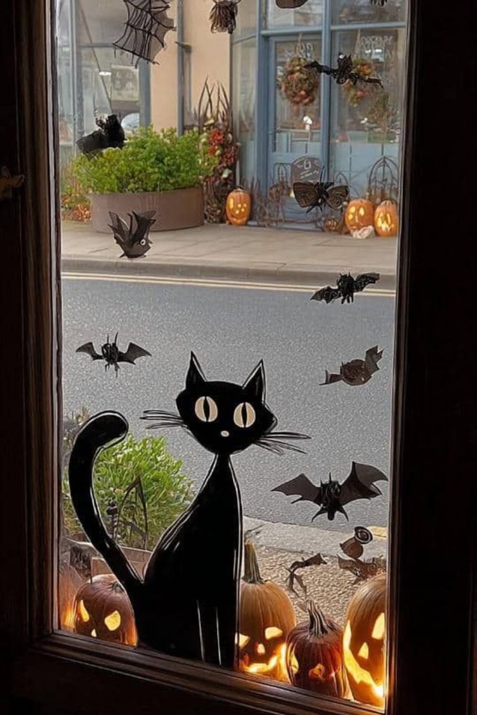 Black cat outlines with glowing eyes.