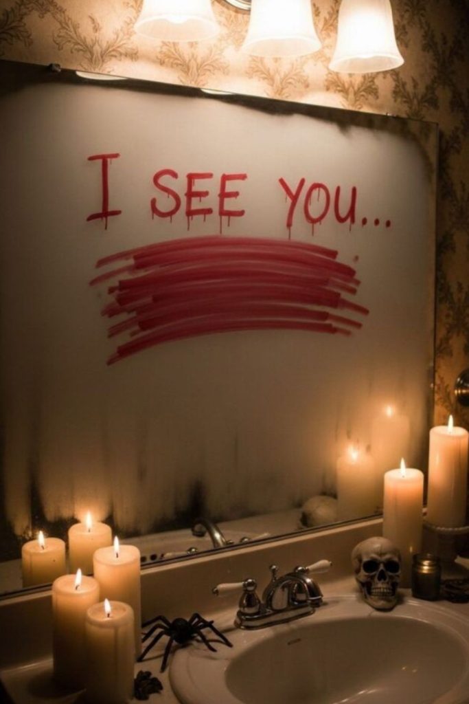 Haunted mirror with red message and candles.