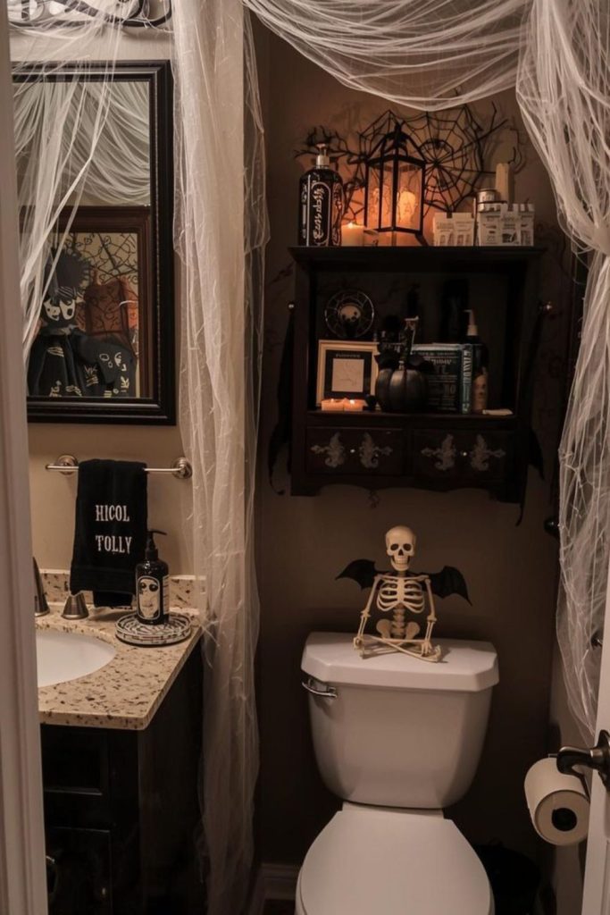 Skeleton sitting on toilet seat covered with cobweb.