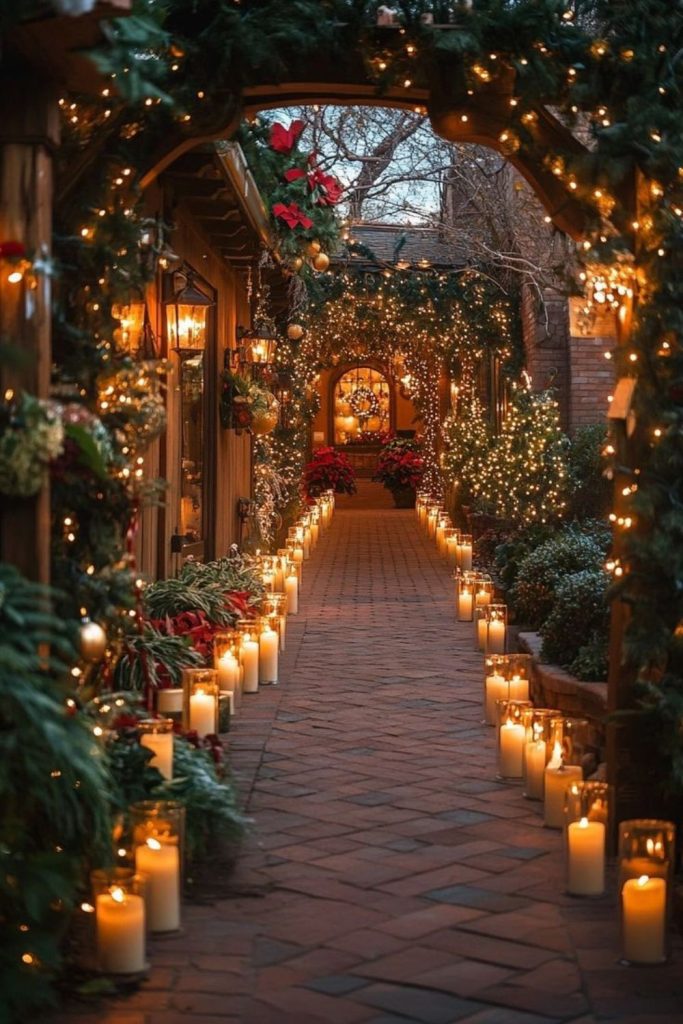 Candlelit hallway with crimson Christmas garlands