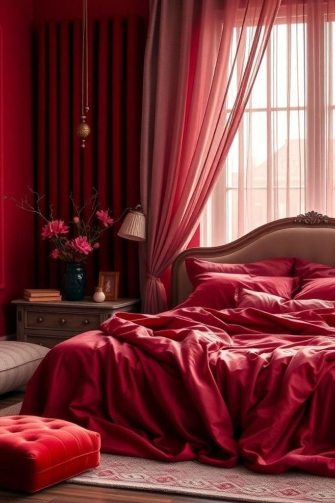 Crimson romantic candlelight bedroom design.