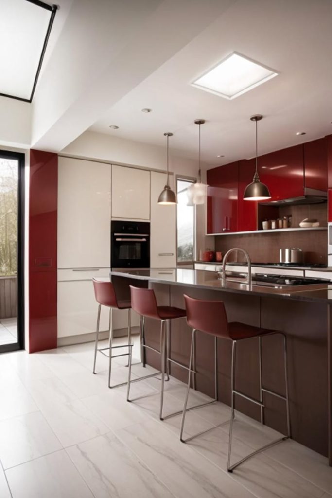 Red modern kitchen with granite surfaces.