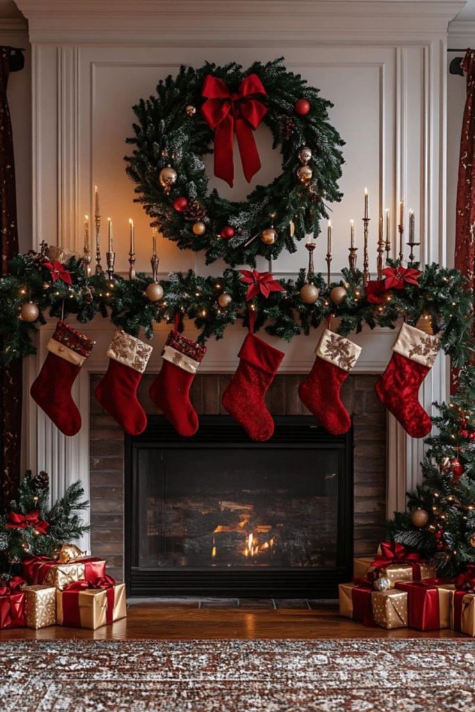 Warm crimson Christmas mantle with candles