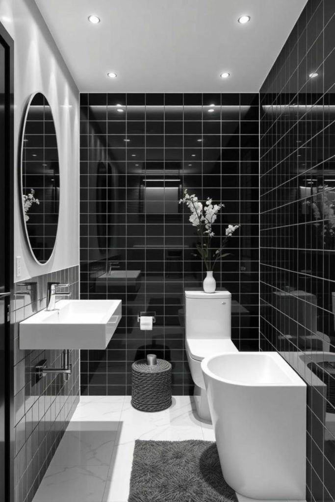 Modern geometric monochrome bathroom design.