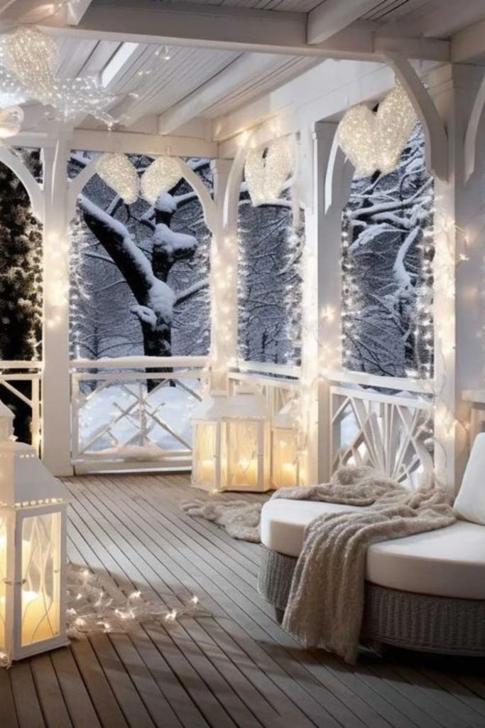 Crystal frosted porch with shimmering lights.