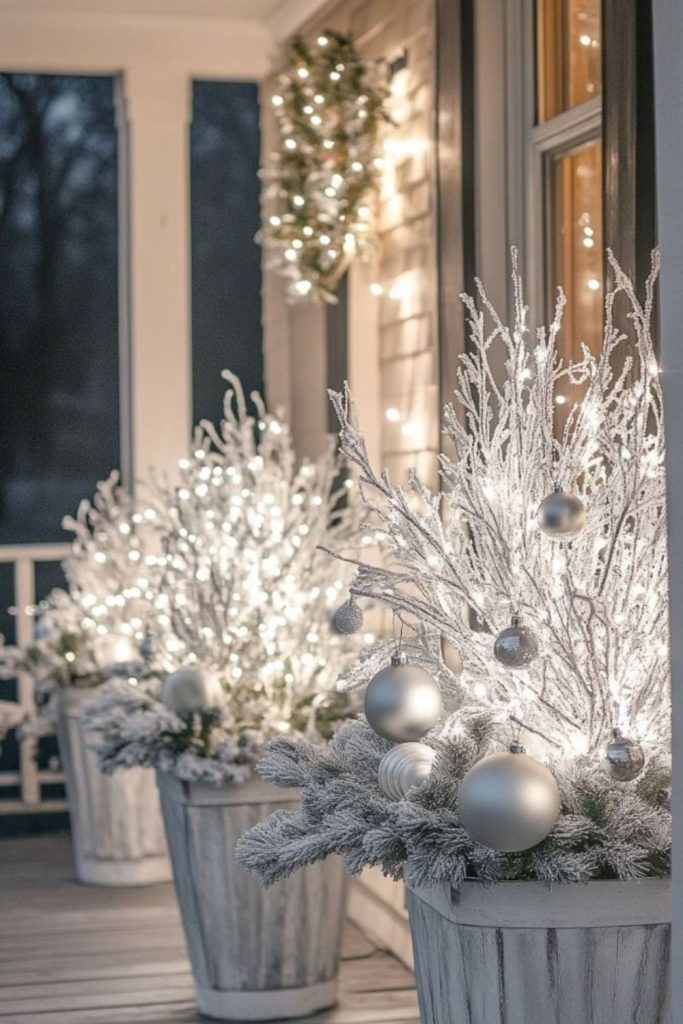 Crystal frosted porch with shimmering lights.