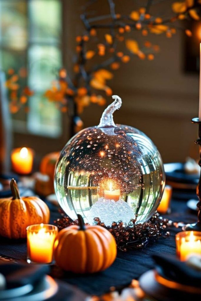 Crystal glass pumpkins with silver shine.