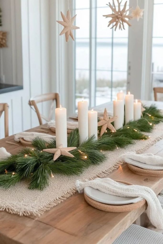 Minimalist Christmas dining table with candles.