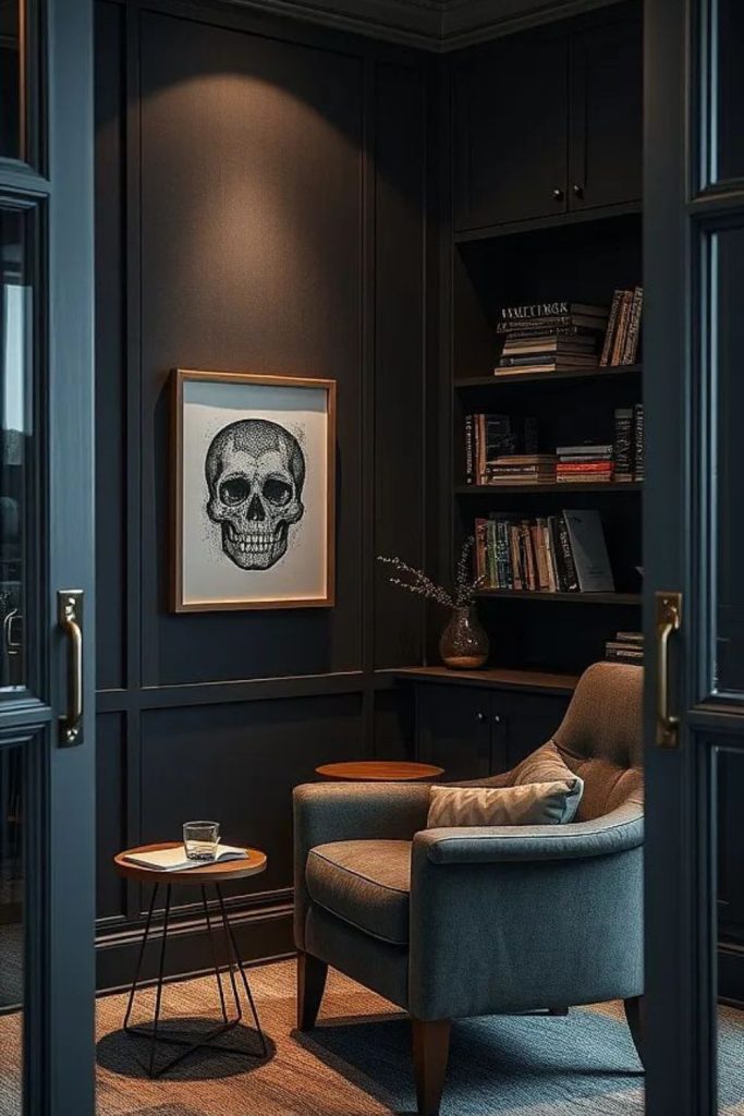 Dramatic velvet den with moody lighting