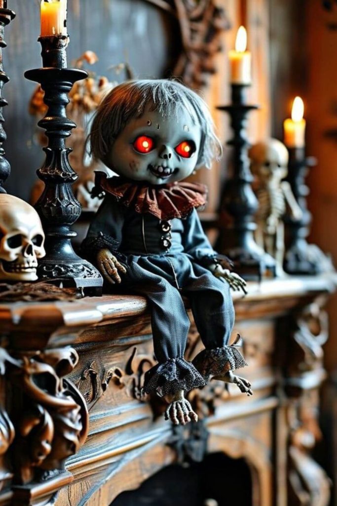Creepy doll display with cracked porcelain.