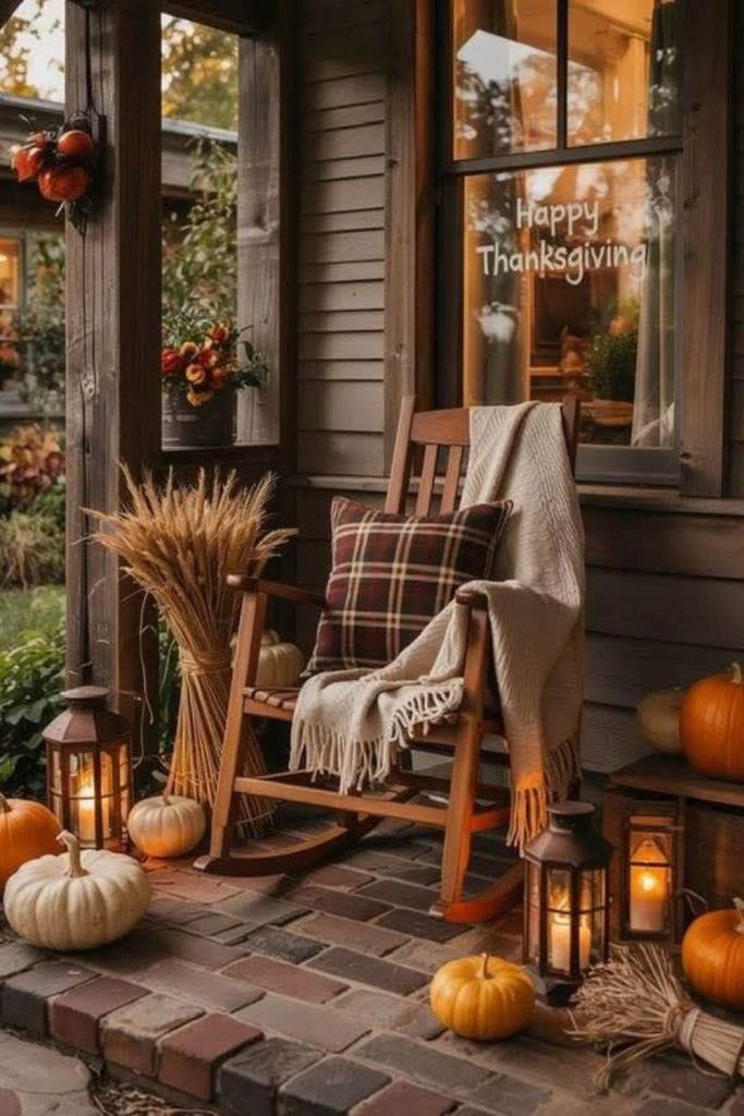 Wheat-decorated porch with rustic warmth.