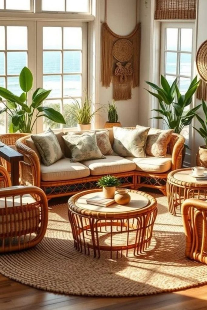 Driftwood and rattan coastal boho.