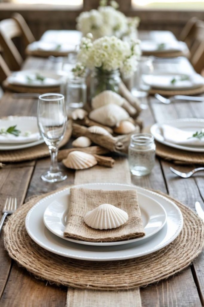 Driftwood and seashell beach table.