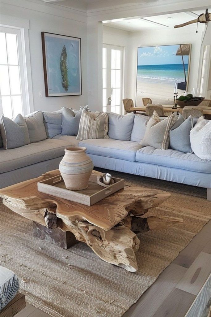 Driftwood and linen coastal calm decor.