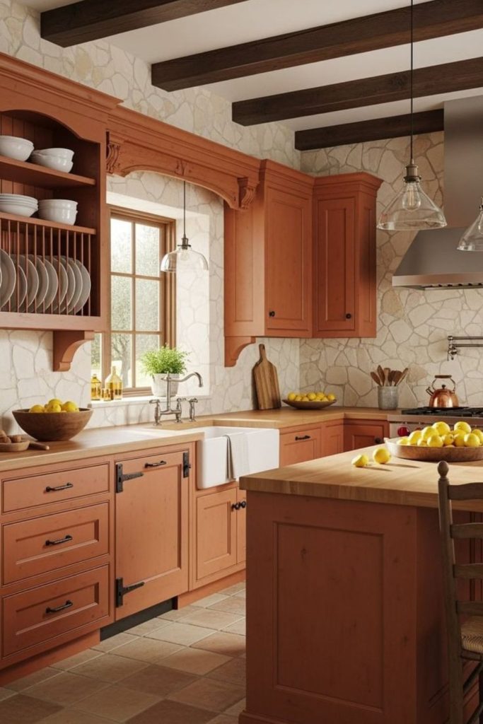 Terracotta clay kitchen with earthy warmth.
