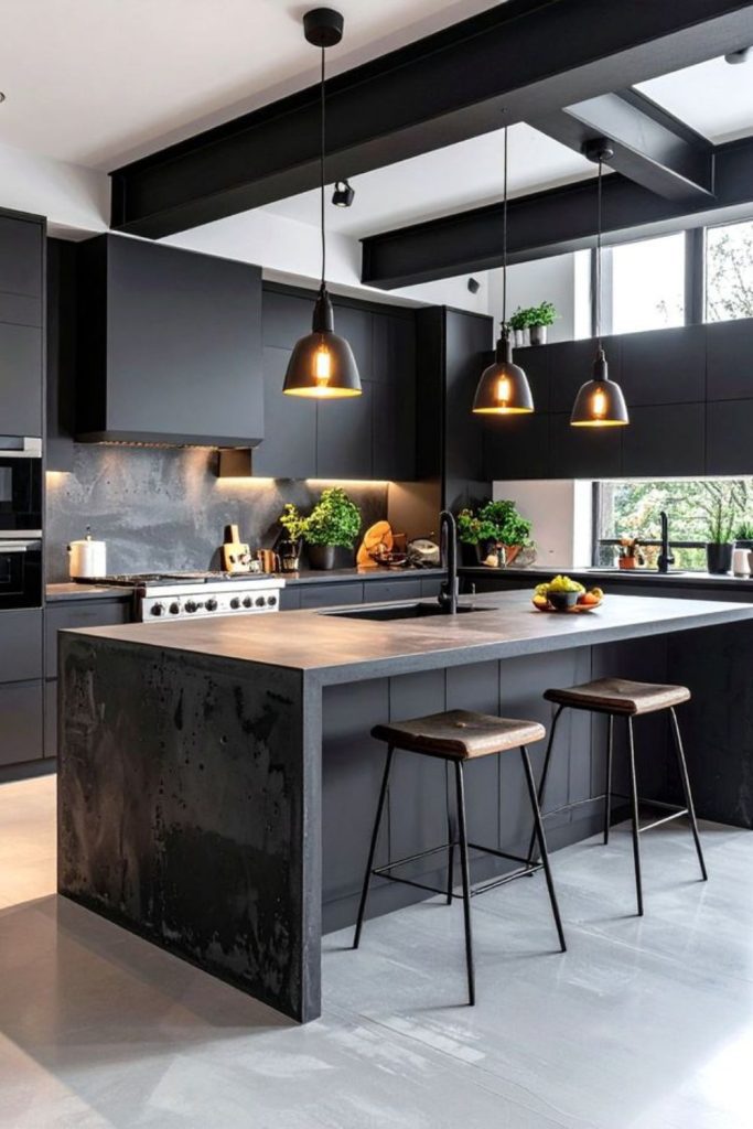 Ebony polished minimalist kitchen elegance.