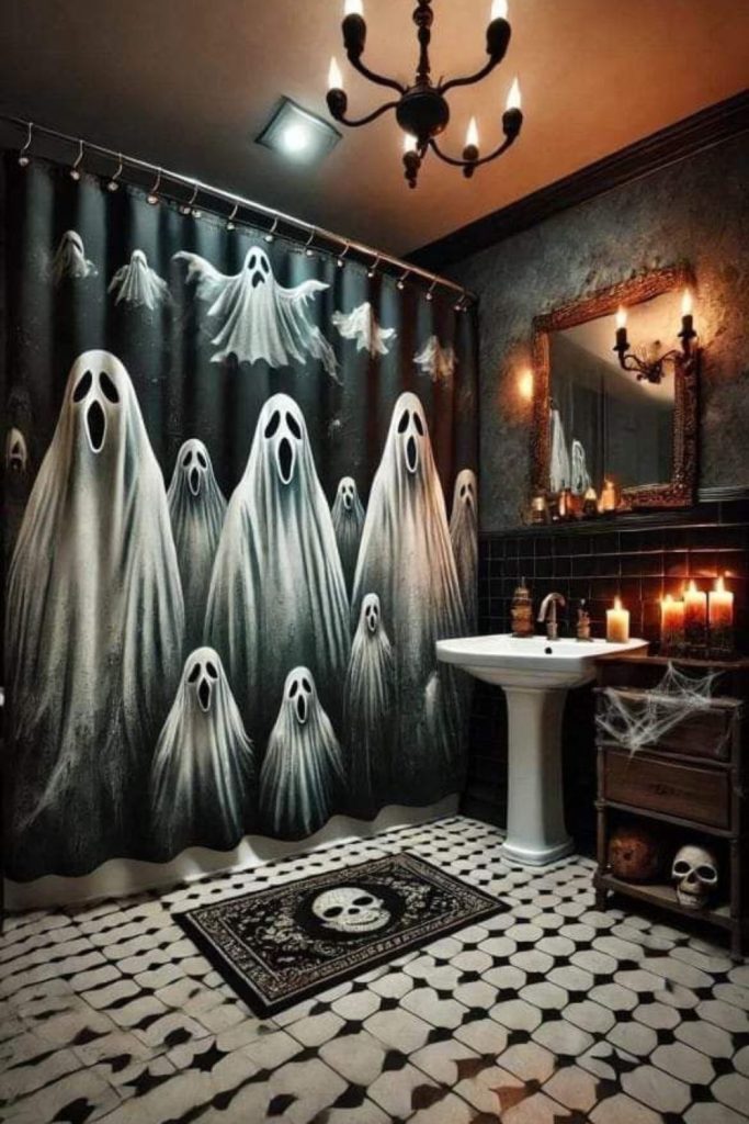Elegant eerie Halloween bathroom with silver hues.