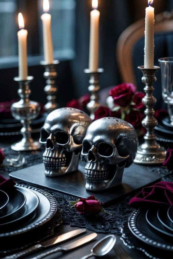 Eerie elegant table with crystal skulls