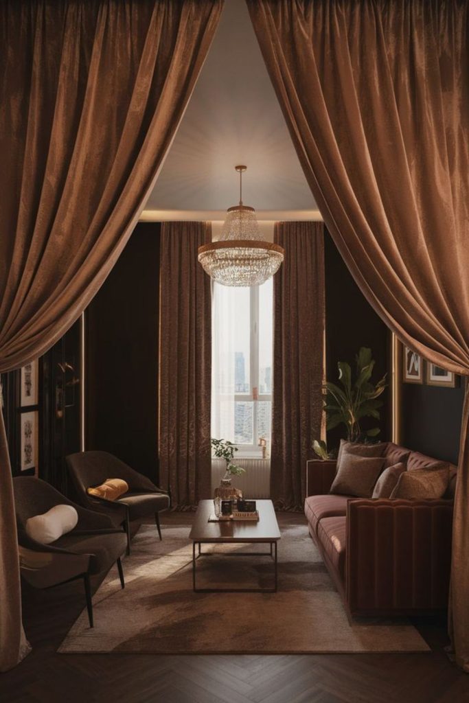 Velvet hall with carmine drapes ambiance.