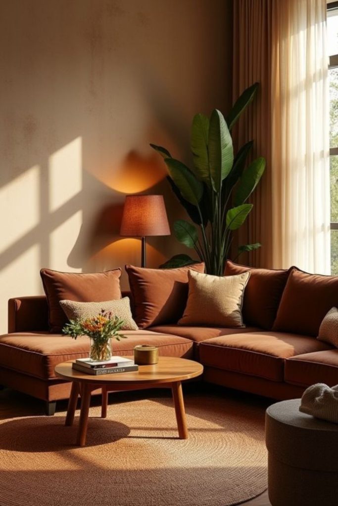 Warm amber-toned rustic living room design.