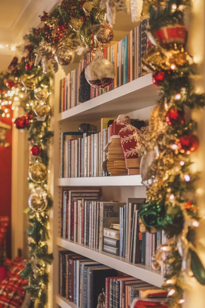 Christmas library with twinkling bookshelf lights