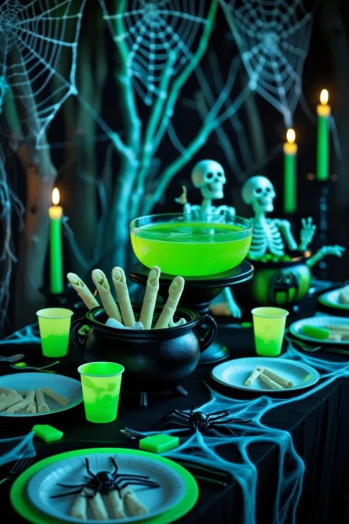 Poison garden centerpiece with glowing vials.