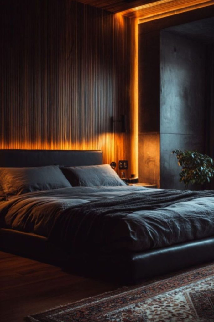 Modern espresso loft bedroom nook.