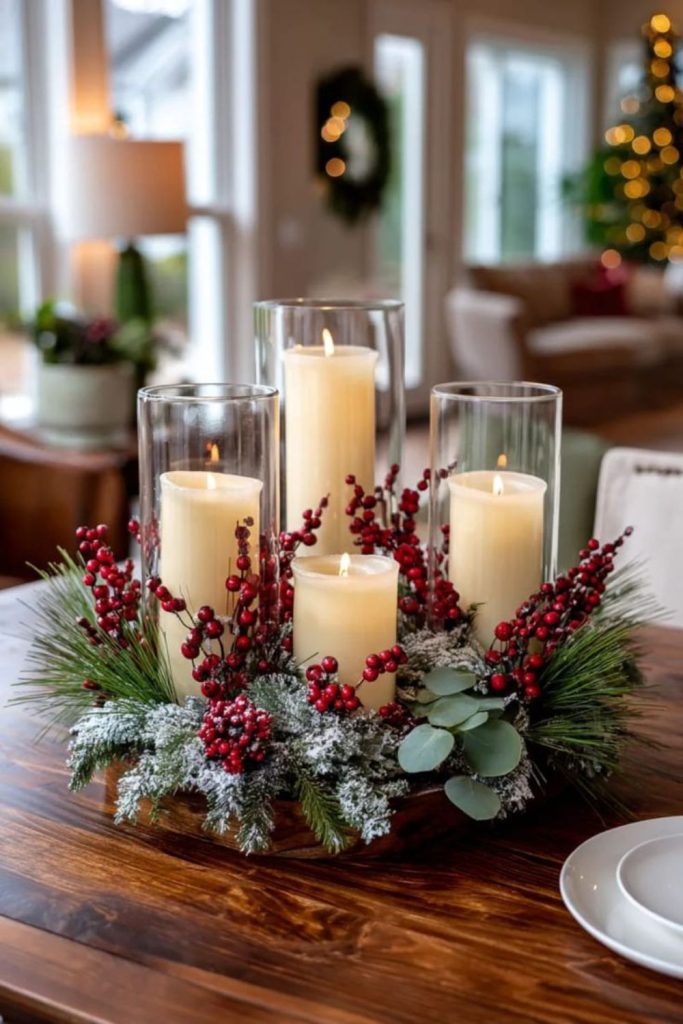 Evergreen candle ring holiday table.