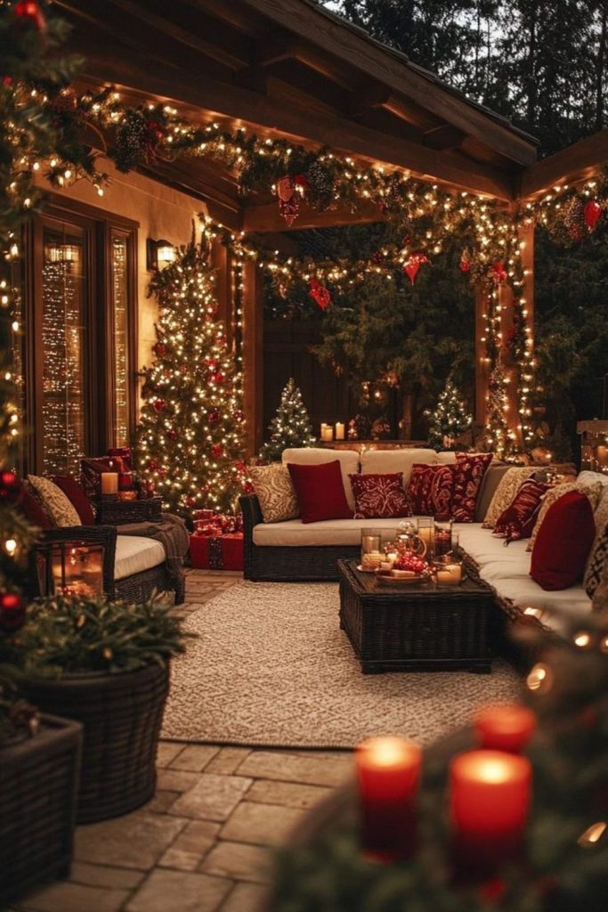 Evergreen garland porch with rustic warmth.