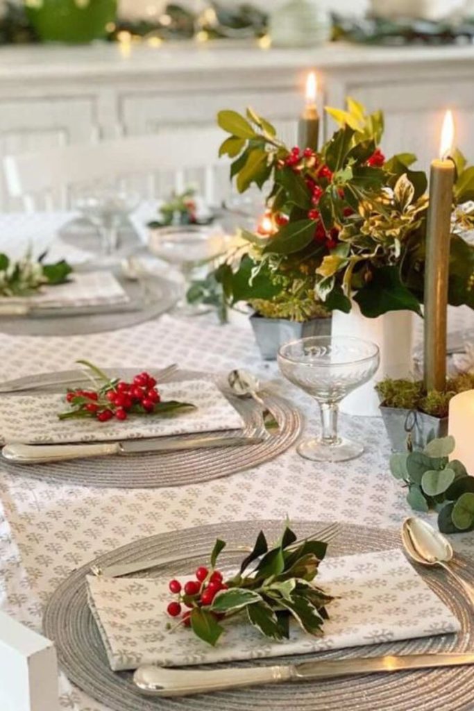 Pine garland natural winter tablescape design.