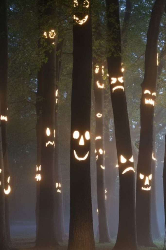 Evil tree faces with glowing eyes