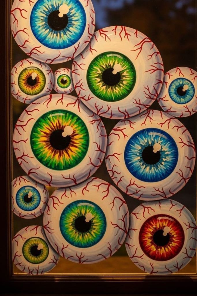 Eyeball cluster painted staring through panes.