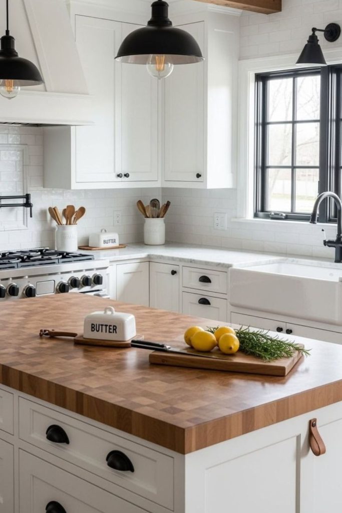 Farmhouse linen kitchen with wooden beams.