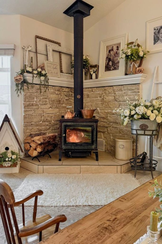 Fawn-colored hearth corner with brass decor.
