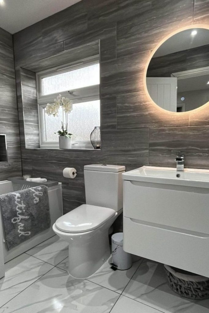 Gray fog soft-toned minimal bathroom.
