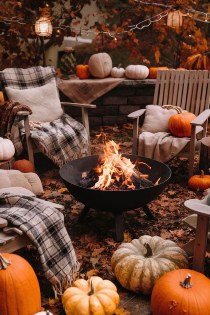 Fireside porch with glowing lanterns