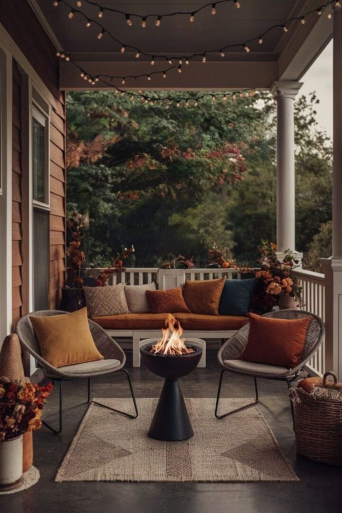 Fireside porch with glowing lanterns.