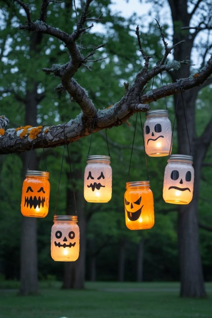 Mason jar lanterns flickering spooky faces
