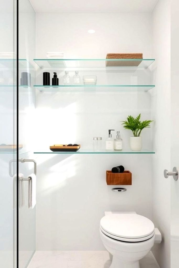 Floating glass bathroom wall shelves.
